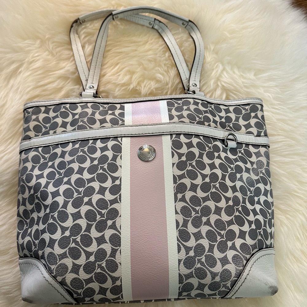 COACH SIGNATURE CHELSEA HERITAGE COACH TOTE BAG PURSE F15137 PINK GREY WHITE